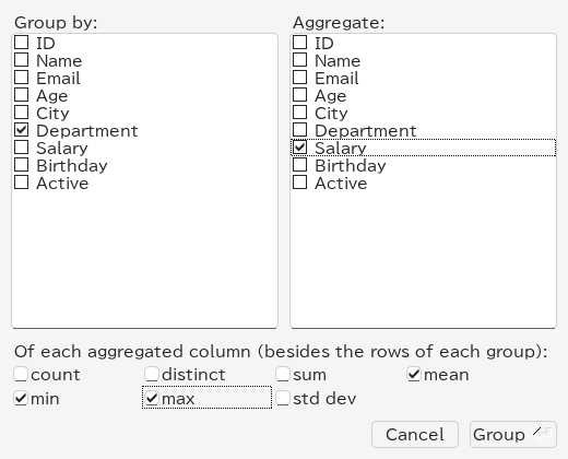 The Group By dialog: Salary by Department
