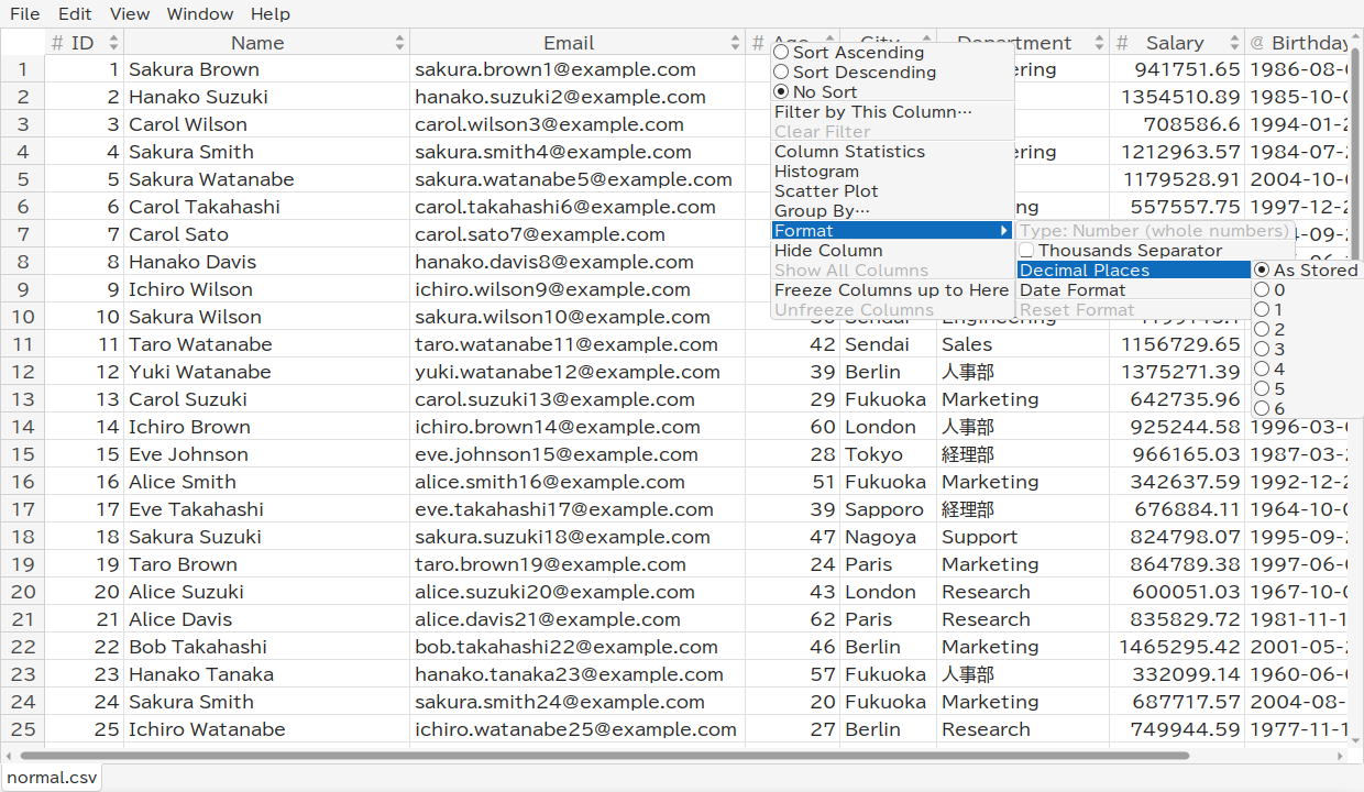 The Format menu of a column