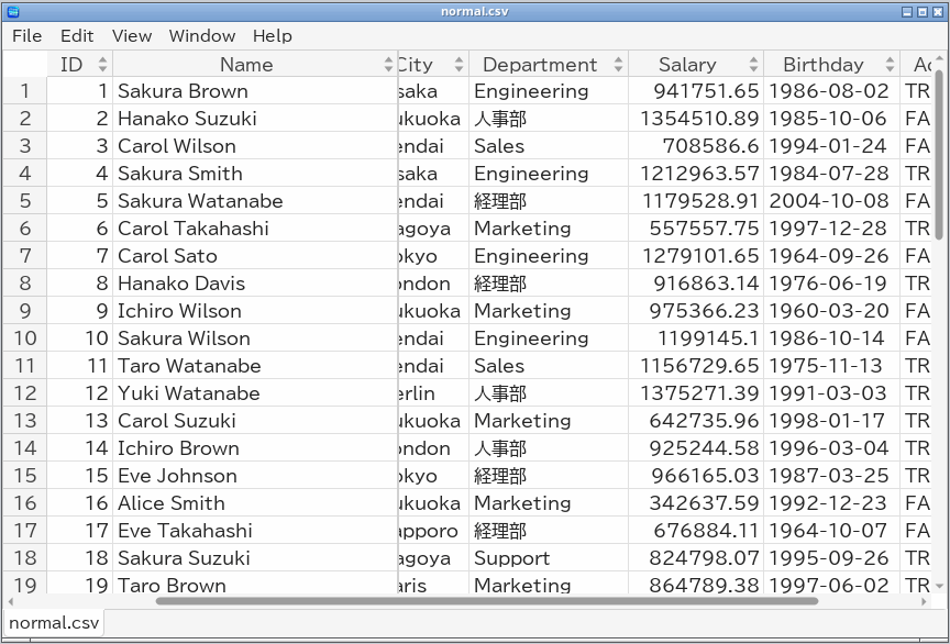 ID and Name frozen while scrolling right; the Email column is hidden