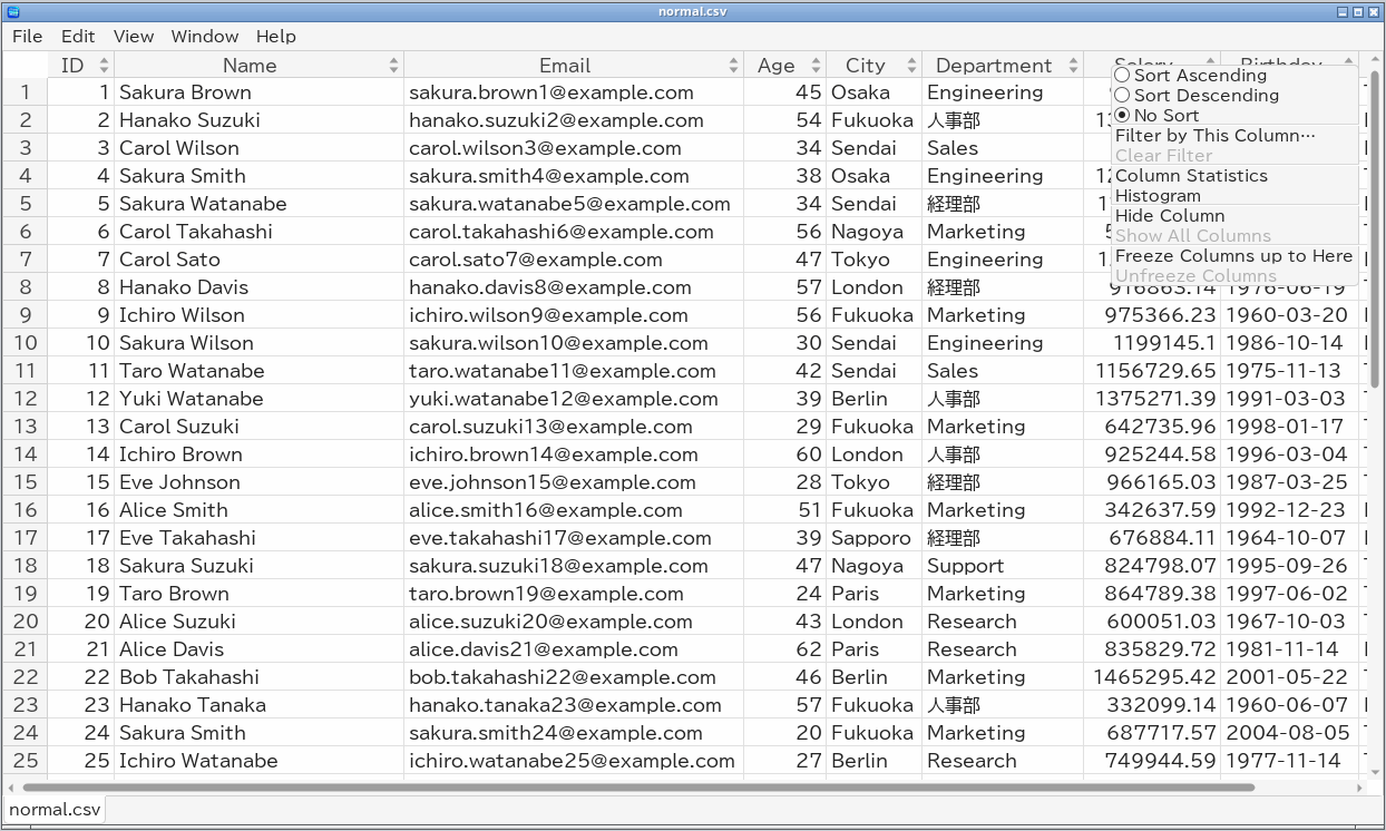 The column header menu