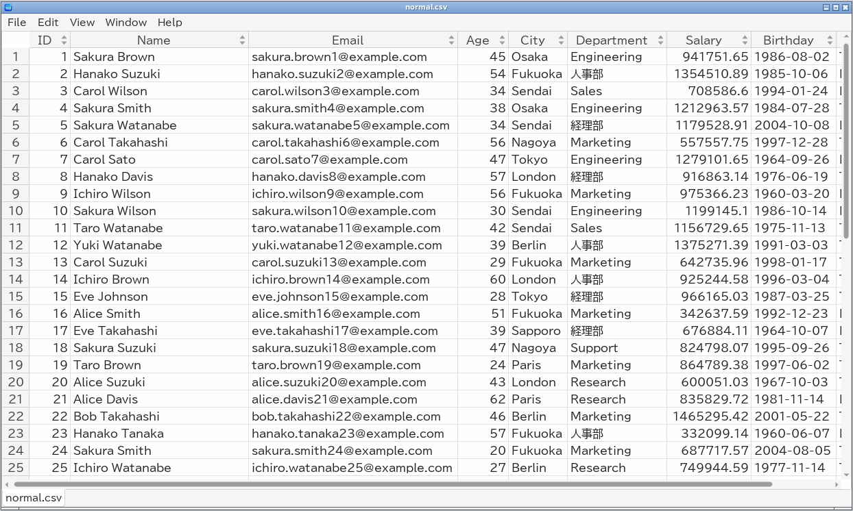 TableSkim window showing a CSV file