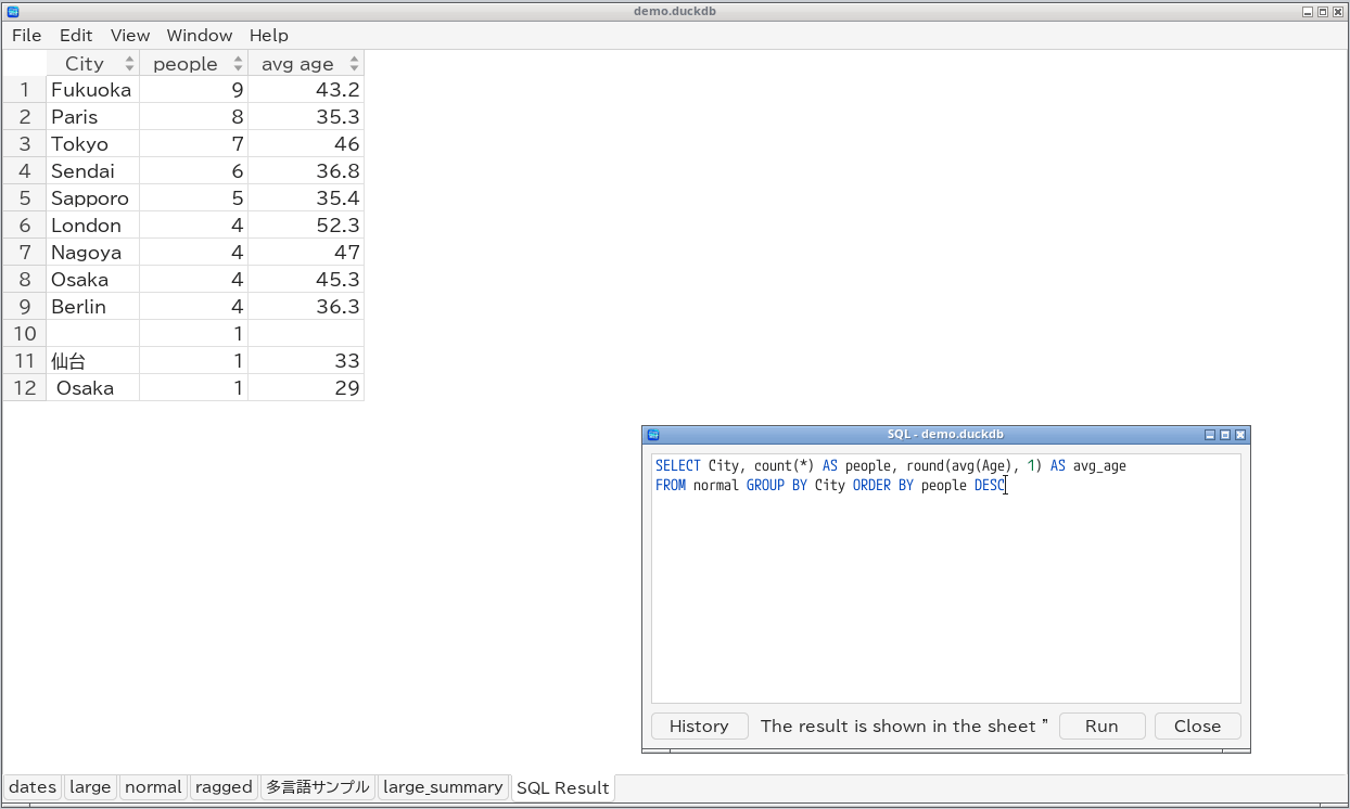 SQL result shown as a sheet
