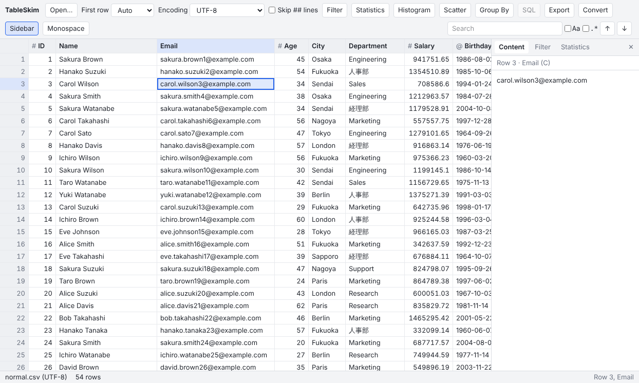 The TableSkim web app showing a CSV file